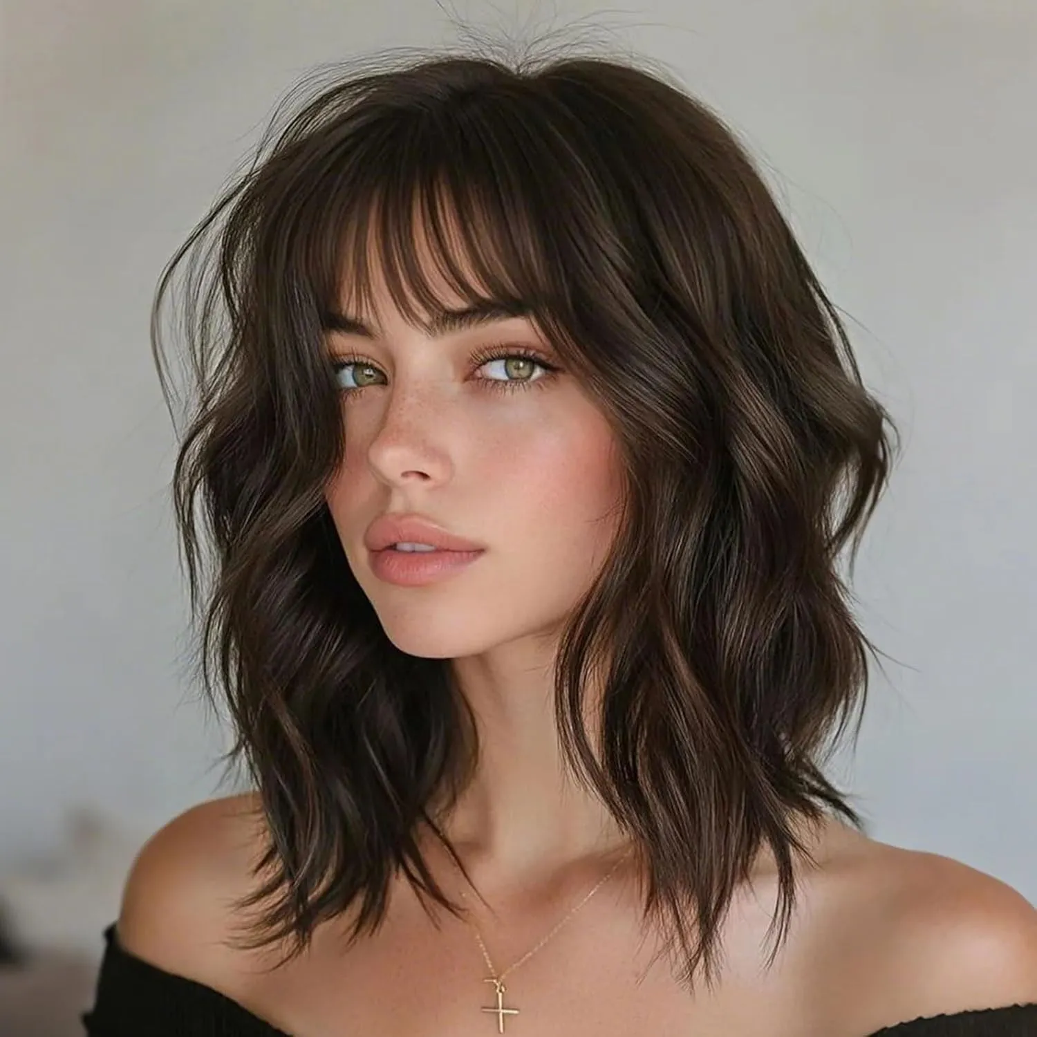 Lativ Dark Brown Wig with Bangs Bob Wigs for Women Short Wavy Curly Shoulder Length Wig 14 Inches Synthetic Heat Resistant Hair for Daily Party Use