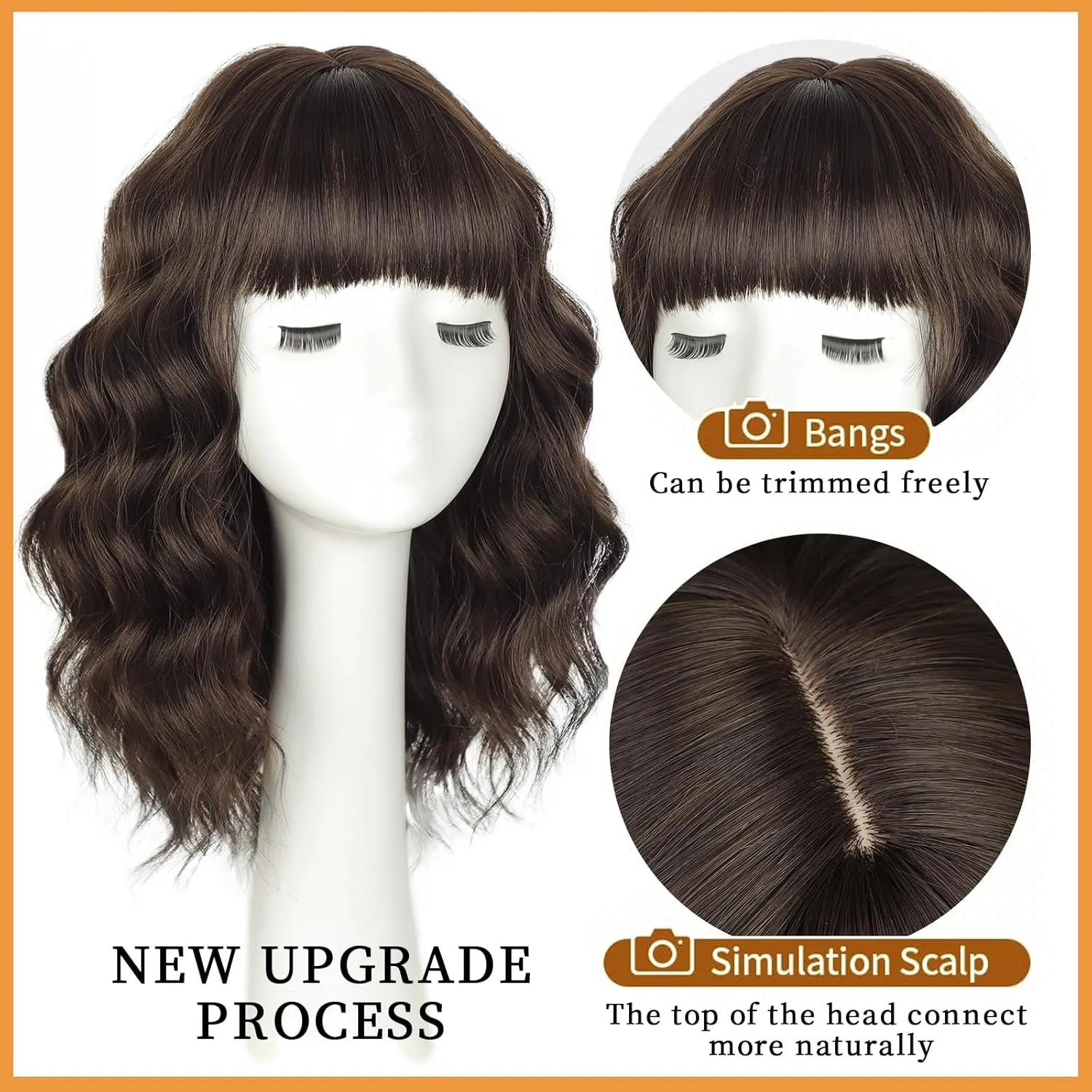 Lativ Dark Brown Wig with Bangs Bob Wigs for Women Short Wavy Curly Shoulder Length Wig 14 Inches Synthetic Heat Resistant Hair for Daily Party Use
