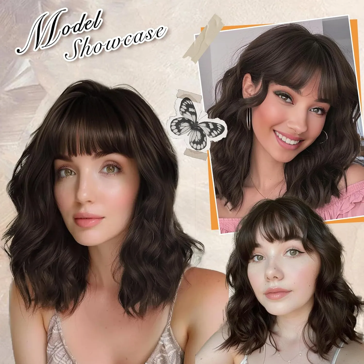 Lativ Dark Brown Wig with Bangs Bob Wigs for Women Short Wavy Curly Shoulder Length Wig 14 Inches Synthetic Heat Resistant Hair for Daily Party Use