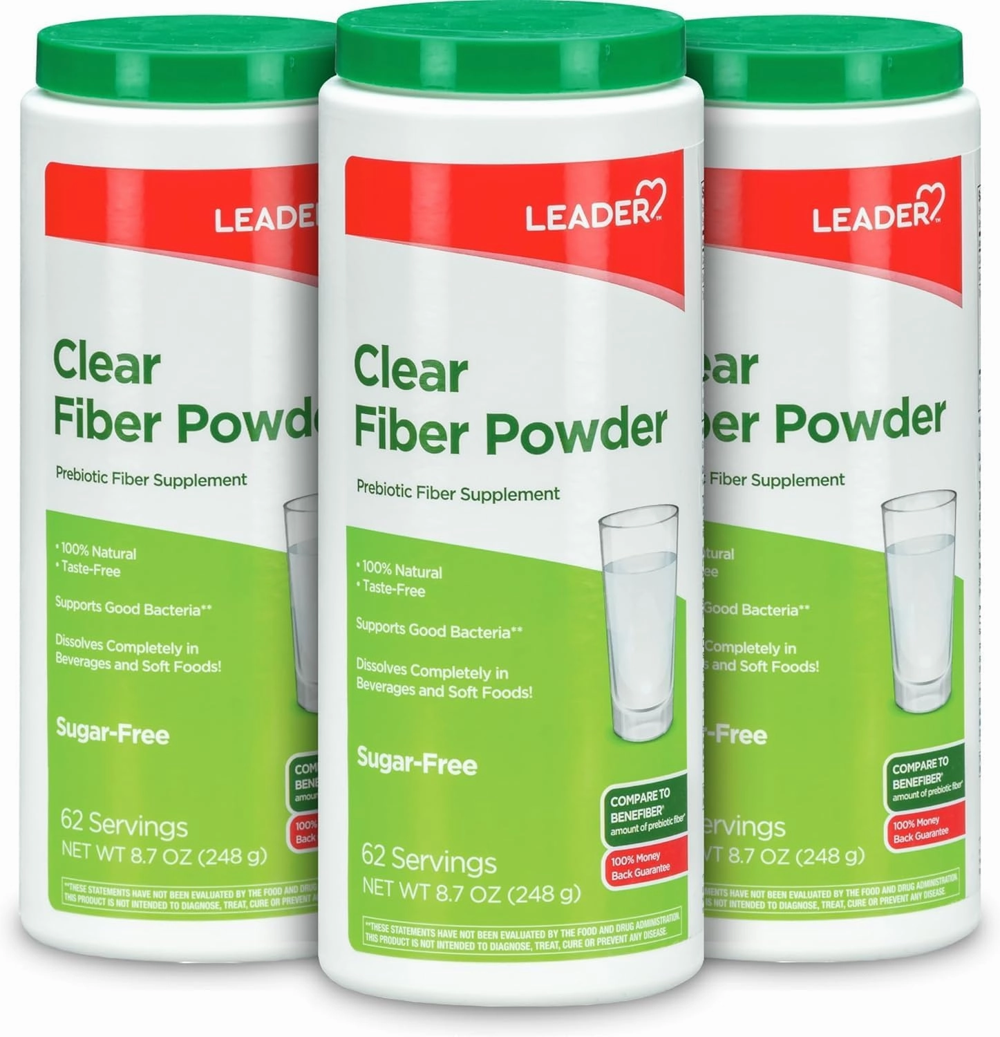 Leader Prebiotic Fiber Supplement Powder for Digestive Health, 100% Natural Daily Fiber Powder, Sugar-Free, Taste-Free, Gluten Free, Non-GMO, Unflavored, 62 Servings (8.7 OZ) (Pack of 3)
