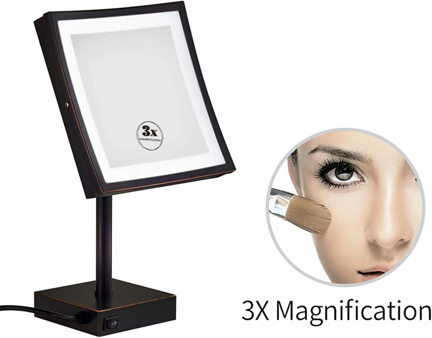 Led Makeup Mirror with Lights 8 Inch Brass 3X Magnification Countertop Vanity Mirrors Illuminated Cosmetic Mirror with Switch and Plug(Black)