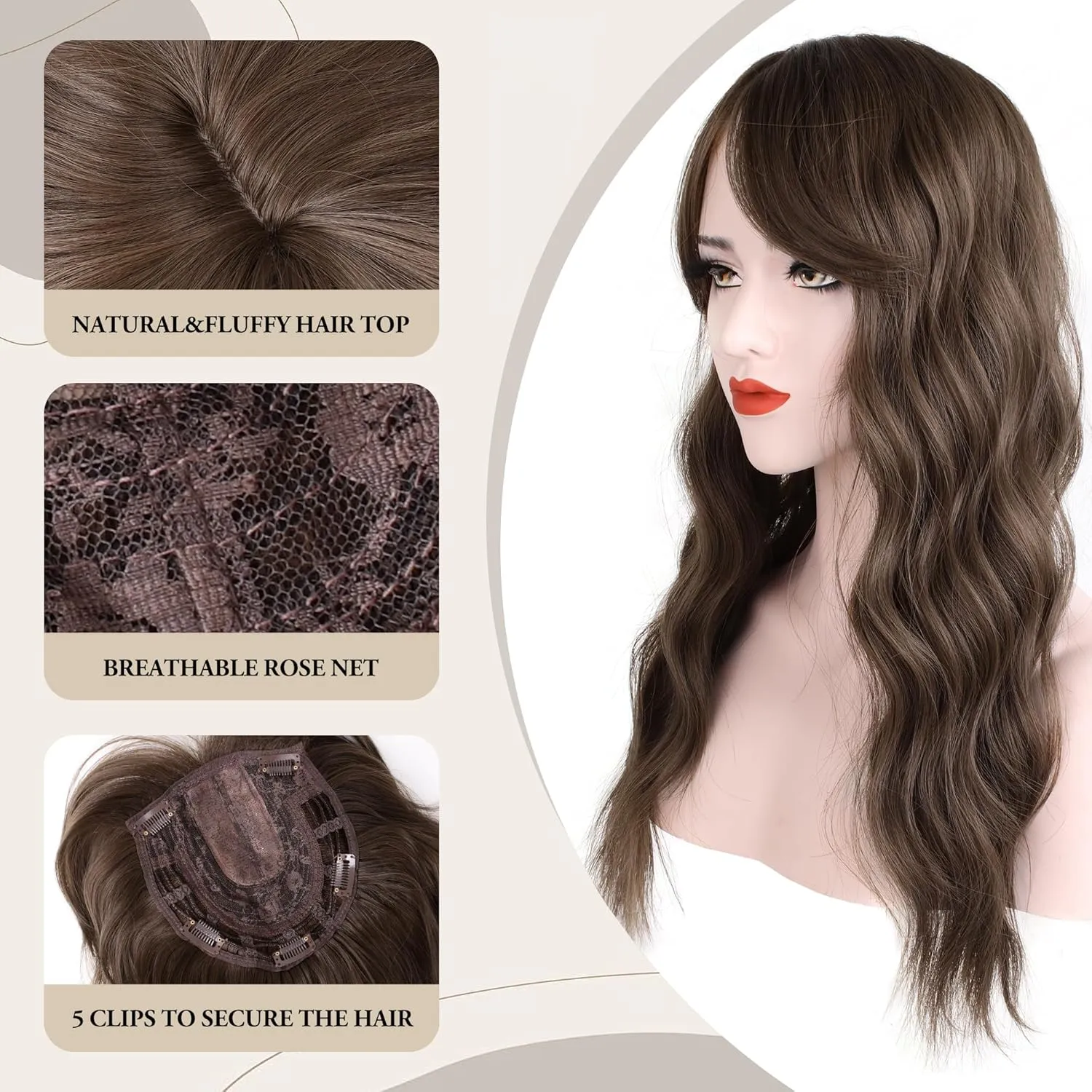 LEEONS 20-Inch Hair Topper for Women - Chestnut Brown Wavy Curl Clip-In Hair Piece With Fringe Bang for Thinning Hair - Synthetic Wiglet