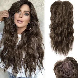 LEEONS 20-Inch Hair Topper for Women - Chestnut Brown Wavy Curl Clip-In Hair Piece With Fringe Bang for Thinning Hair - Synthetic Wiglet