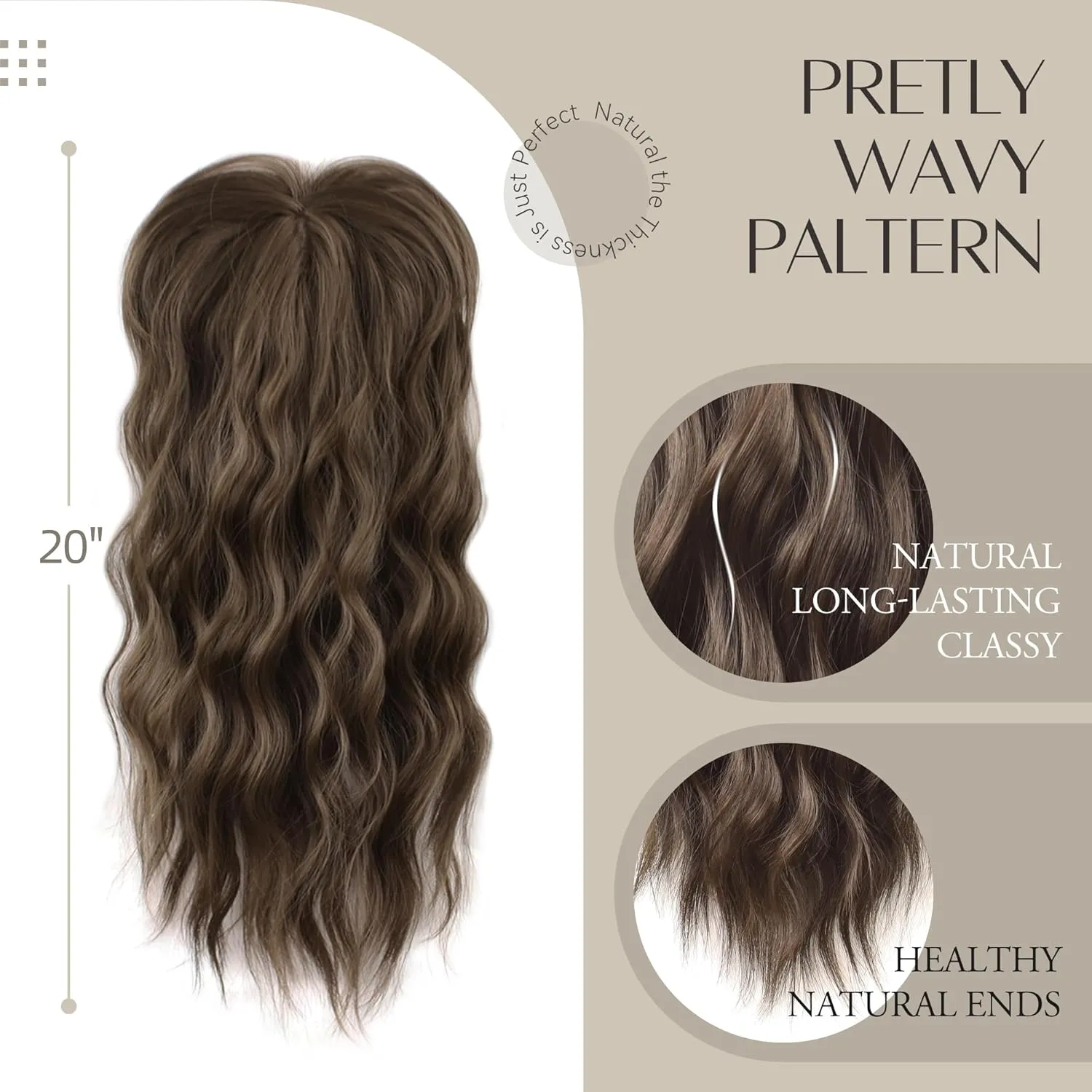 LEEONS 20-Inch Hair Topper for Women - Chestnut Brown Wavy Curl Clip-In Hair Piece With Fringe Bang for Thinning Hair - Synthetic Wiglet