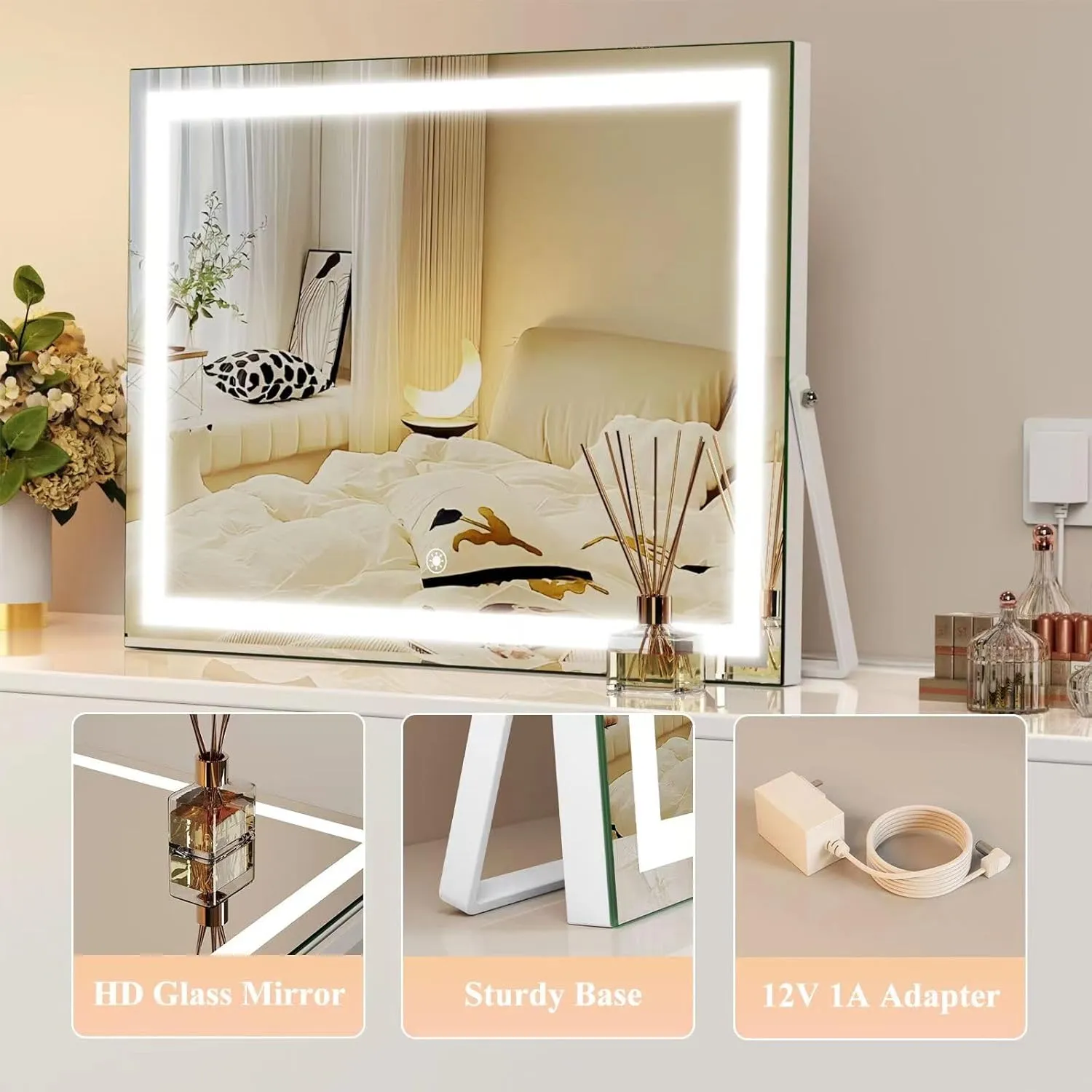 Ligheted Vanity Mirror with Lights, 14" x 12" LED Makeup Mirror, 3 Modes Light, Smart Touch Control Dimmable, 360°Rotation, Rectangle Gold Frame