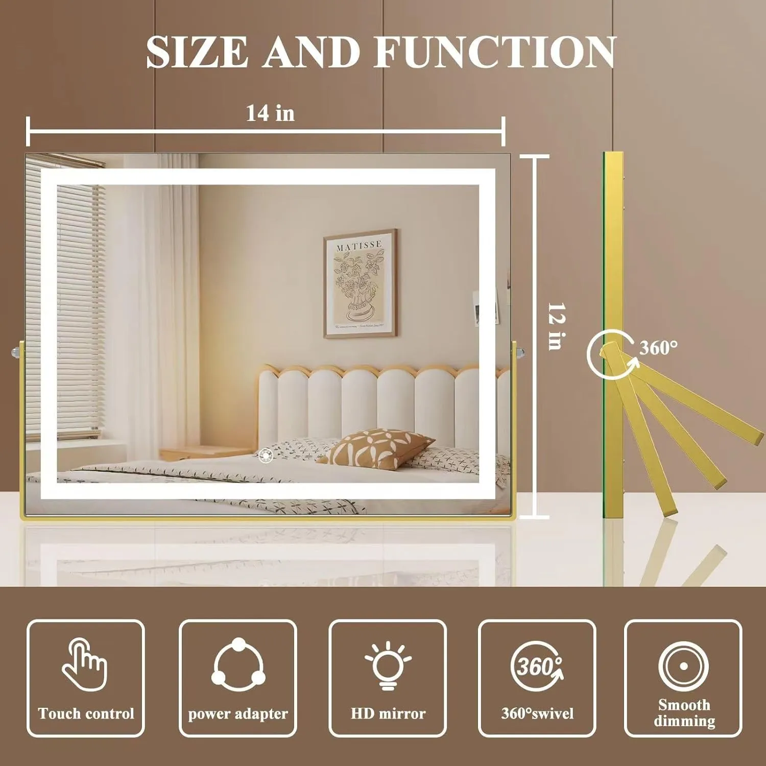 Ligheted Vanity Mirror with Lights, 14" x 12" LED Makeup Mirror, 3 Modes Light, Smart Touch Control Dimmable, 360°Rotation, Rectangle Gold Frame