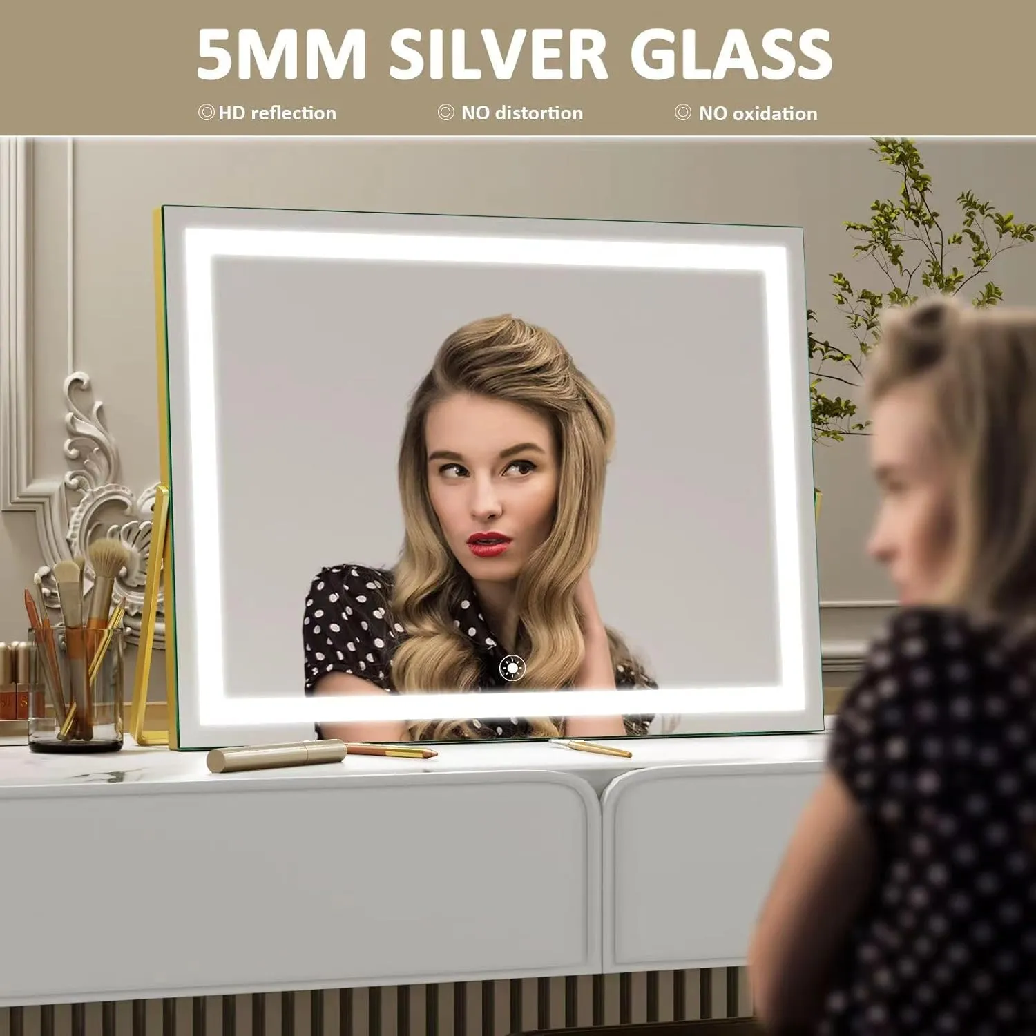 Ligheted Vanity Mirror with Lights, 14" x 12" LED Makeup Mirror, 3 Modes Light, Smart Touch Control Dimmable, 360°Rotation, Rectangle Gold Frame