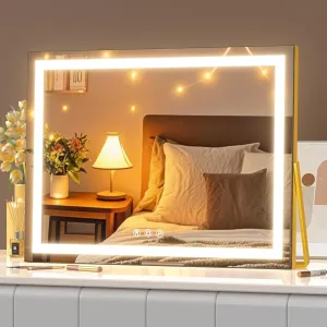 Ligheted Vanity Mirror with Lights, 14" x 12" LED Makeup Mirror, 3 Modes Light, Smart Touch Control Dimmable, 360°Rotation, Rectangle Gold Frame