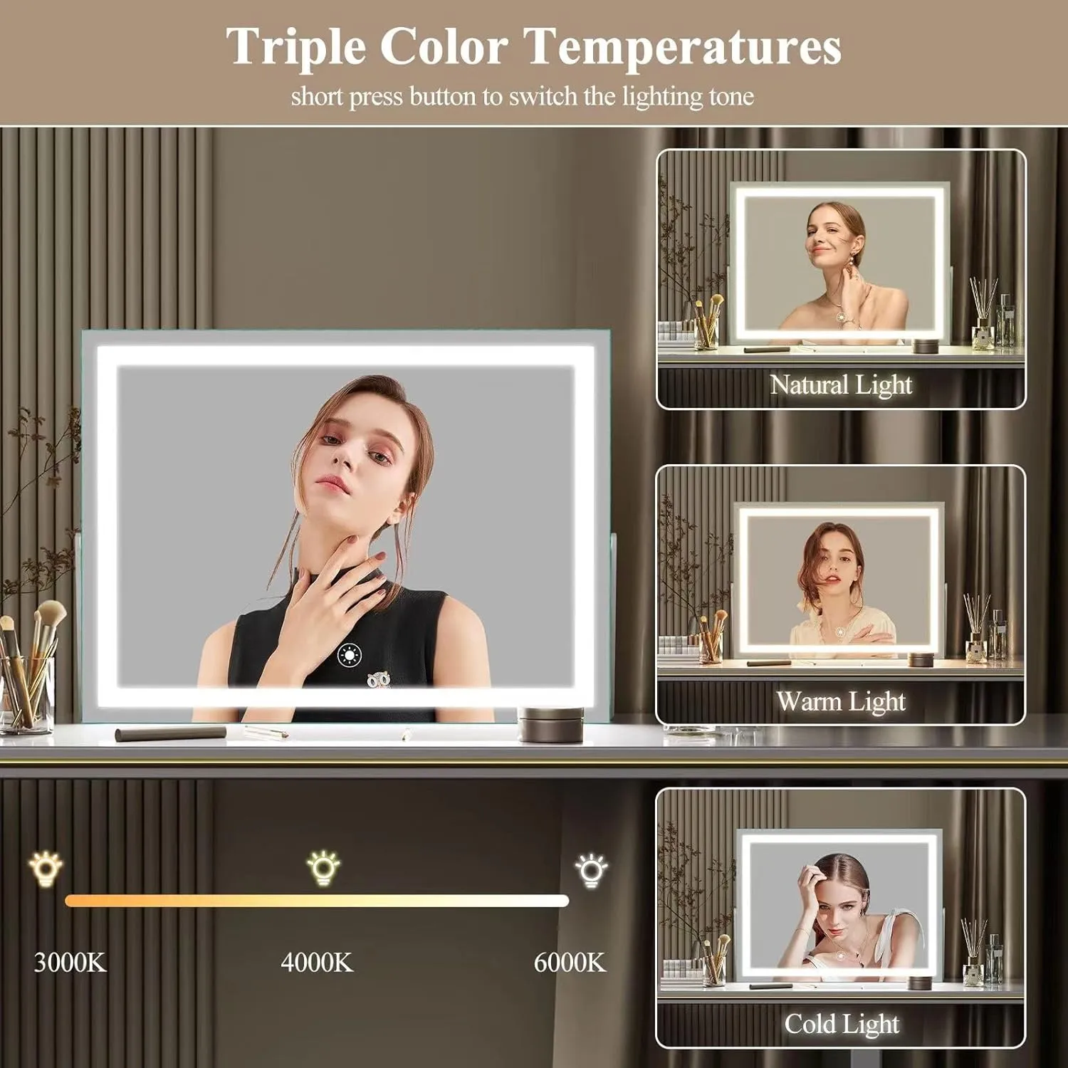 Ligheted Vanity Mirror with Lights, 14" x 12" LED Makeup Mirror, 3 Modes Light, Smart Touch Control Dimmable, 360°Rotation, Rectangle Gold Frame