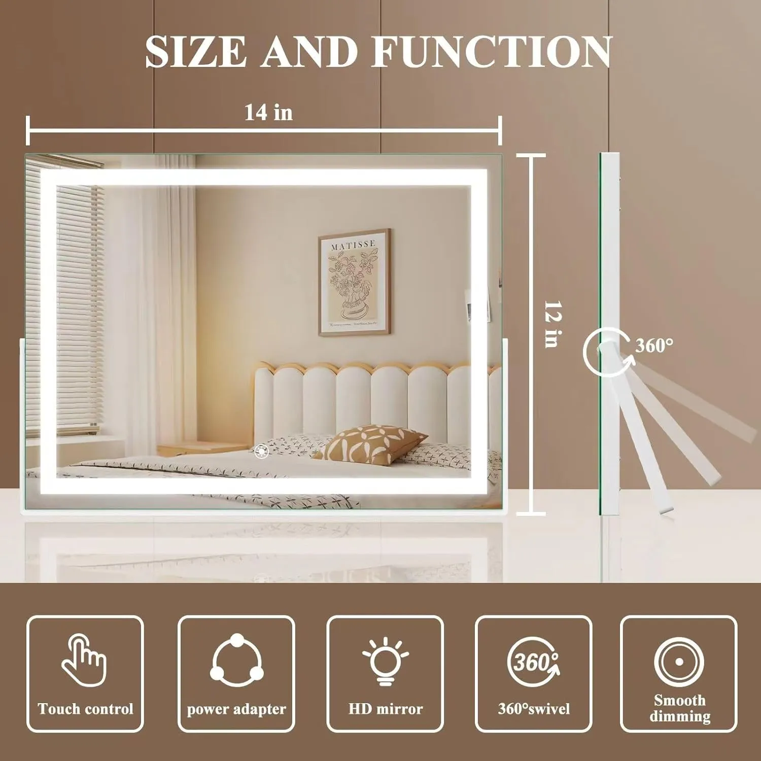 Ligheted Vanity Mirror with Lights, 14" x 12" LED Makeup Mirror, 3 Modes Light, Smart Touch Control Dimmable, 360°Rotation, Rectangle White Frame