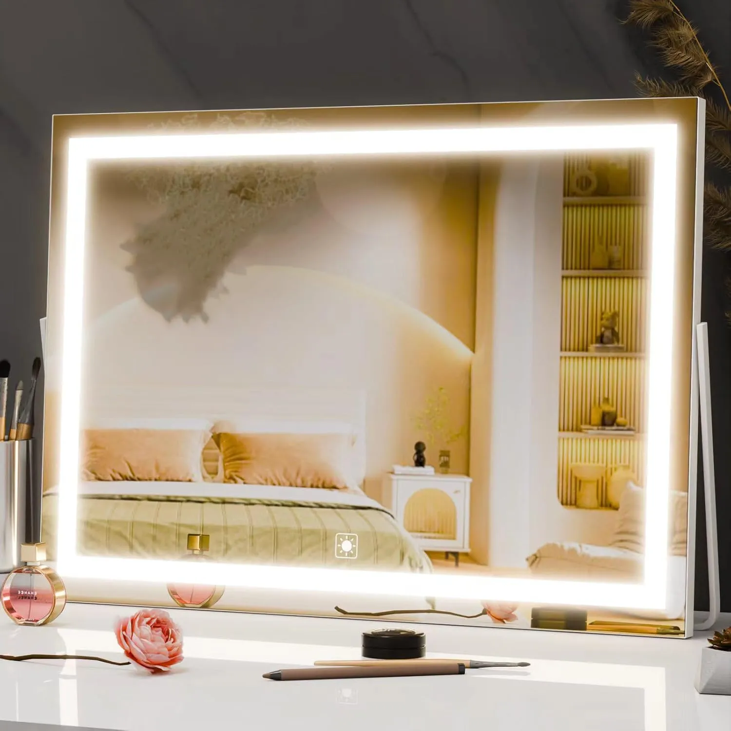 Ligheted Vanity Mirror with Lights, 14" x 12" LED Makeup Mirror, 3 Modes Light, Smart Touch Control Dimmable, 360°Rotation, Rectangle White Frame