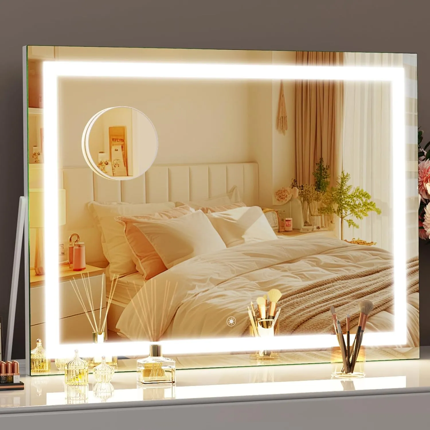 Ligheted Vanity Mirror with Lights, 14" x 12" LED Makeup Mirror, 3 Modes Light, Smart Touch Control Dimmable, 360°Rotation, Rectangle White Frame