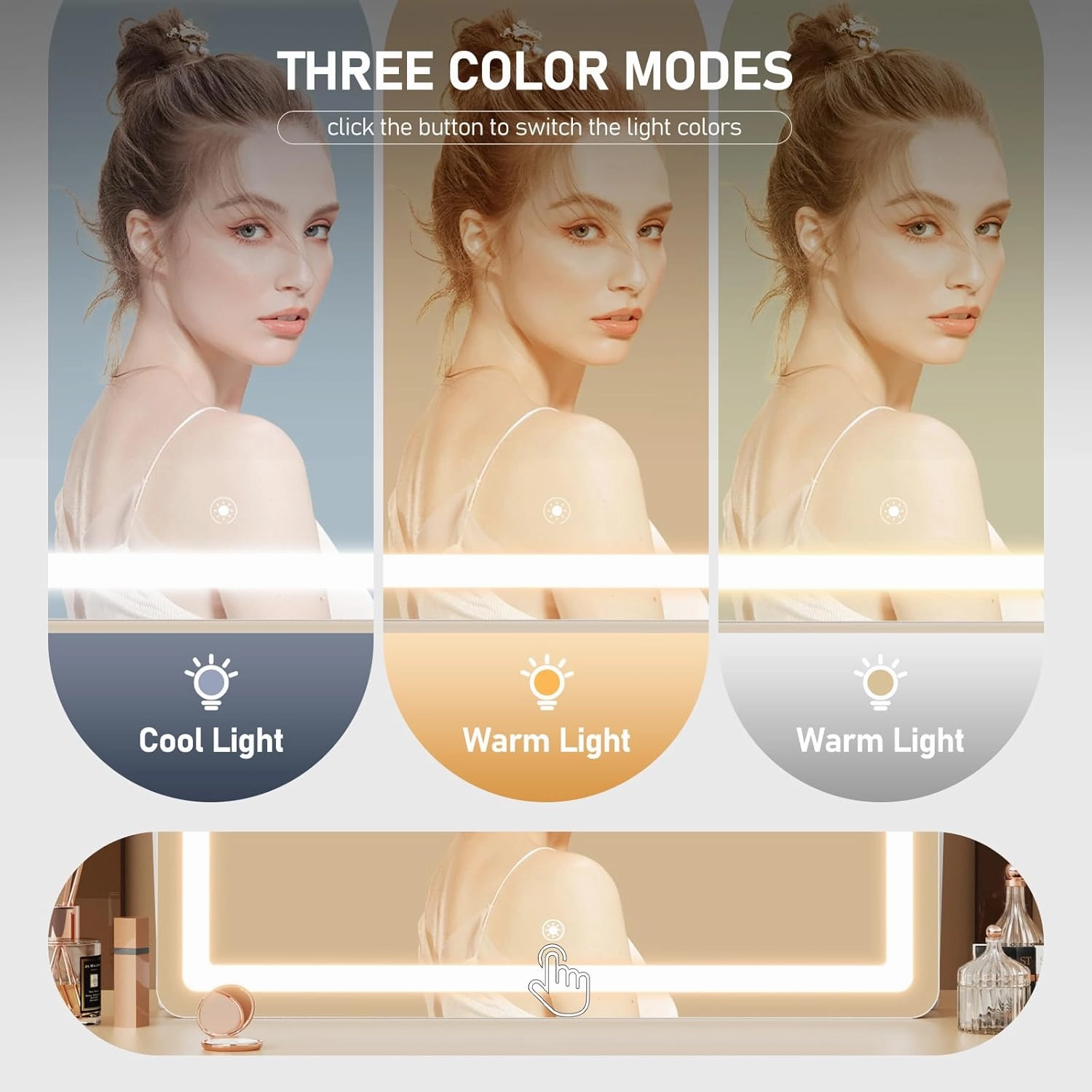 Ligheted Vanity Mirror with Lights, 14" x 10" LED Makeup Mirror, 3 Modes Light, Smart Touch Control Dimmable, 360°Rotation, Rectangle White Frame