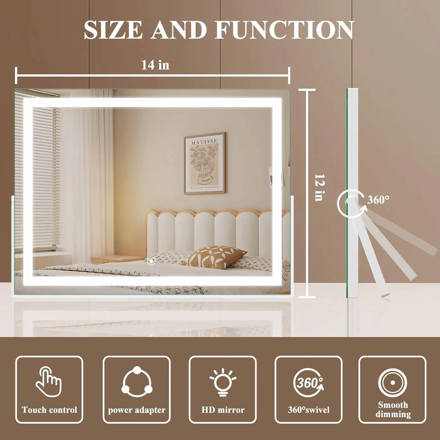 Ligheted Vanity Mirror with Lights, 14" x 10" LED Makeup Mirror, 3 Modes Light, Smart Touch Control Dimmable, 360°Rotation, Rectangle White Frame
