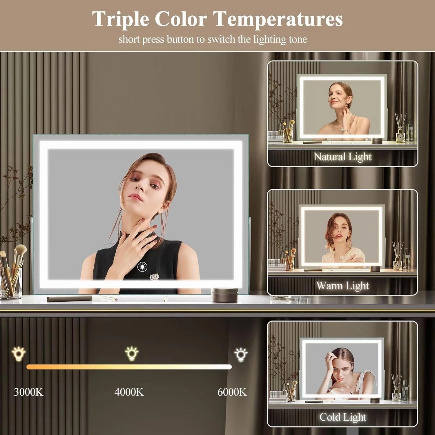 Ligheted Vanity Mirror with Lights, 14" x 10" LED Makeup Mirror, 3 Modes Light, Smart Touch Control Dimmable, 360°Rotation, Rectangle White Frame