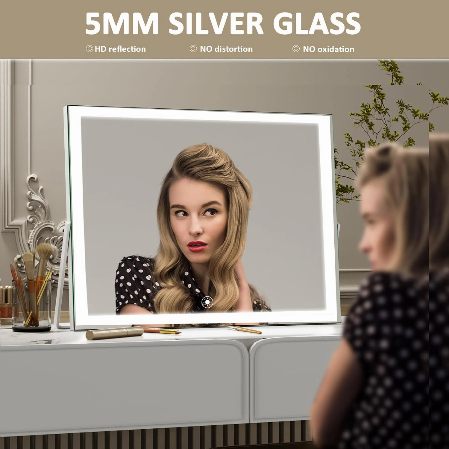 Ligheted Vanity Mirror with Lights, 15" x 11" Travel LED Makeup Mirror, 3 Modes Light, Smart Touch Control Dimmable, 360°Rotation, Rectangle White Frame