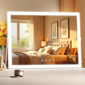 Ligheted Vanity Mirror with Lights, 15" x 11" Travel LED Makeup Mirror, 3 Modes Light, Smart Touch Control Dimmable, 360°Rotation, Rectangle White Frame