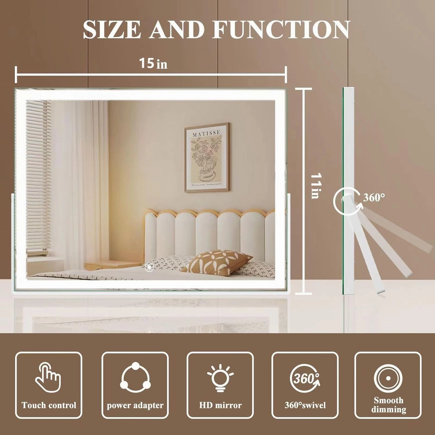 Ligheted Vanity Mirror with Lights, 15" x 11" Travel LED Makeup Mirror, 3 Modes Light, Smart Touch Control Dimmable, 360°Rotation, Rectangle White Frame