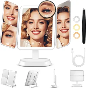 Lighted Makeup Mirror with 30X/10X/5X Magnification, Detachable Design for Travel, Rechargeable Trifold Mirror with 3 Color& Adjustable Brightness, Portable Makeup Mirror with Lights for Desk