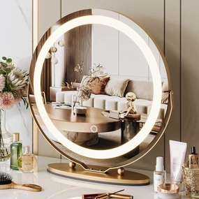 Lighted Makeup Mirror - 19 Inch Vanity Mirror with Lights, Round Light Up Mirror with 3 Colors 360° Rotation Touch Screen Adjustable Brightness Table Desk Counter Top Mirror, Gold