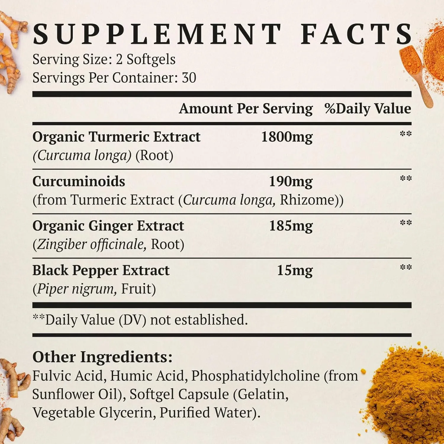 Liposomal Turmeric Curcumin Supplement 2000mg, 95% Standardized Curcuminoid Extract & Organic Root Powder with Piperine Black Pepper Fruit (15mg), 60 softgels