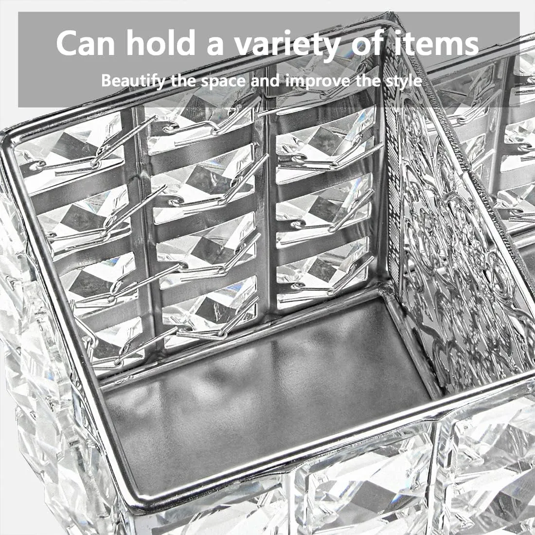 LUEXBOX Crystal Makeup Brush Holder, One-Piece Square Brush Organizer, Cosmetics Brush Storage Container for Table, Dresser, Bathroom, Bedroom Organization (Silver)