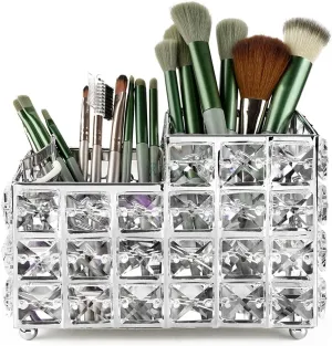 LUEXBOX Crystal Makeup Brush Holder, One-Piece Square Brush Organizer, Cosmetics Brush Storage Container for Table, Dresser, Bathroom, Bedroom Organization (Silver)