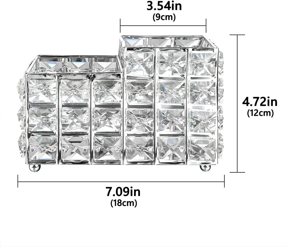 LUEXBOX Crystal Makeup Brush Holder, One-Piece Square Brush Organizer, Cosmetics Brush Storage Container for Table, Dresser, Bathroom, Bedroom Organization (Silver)