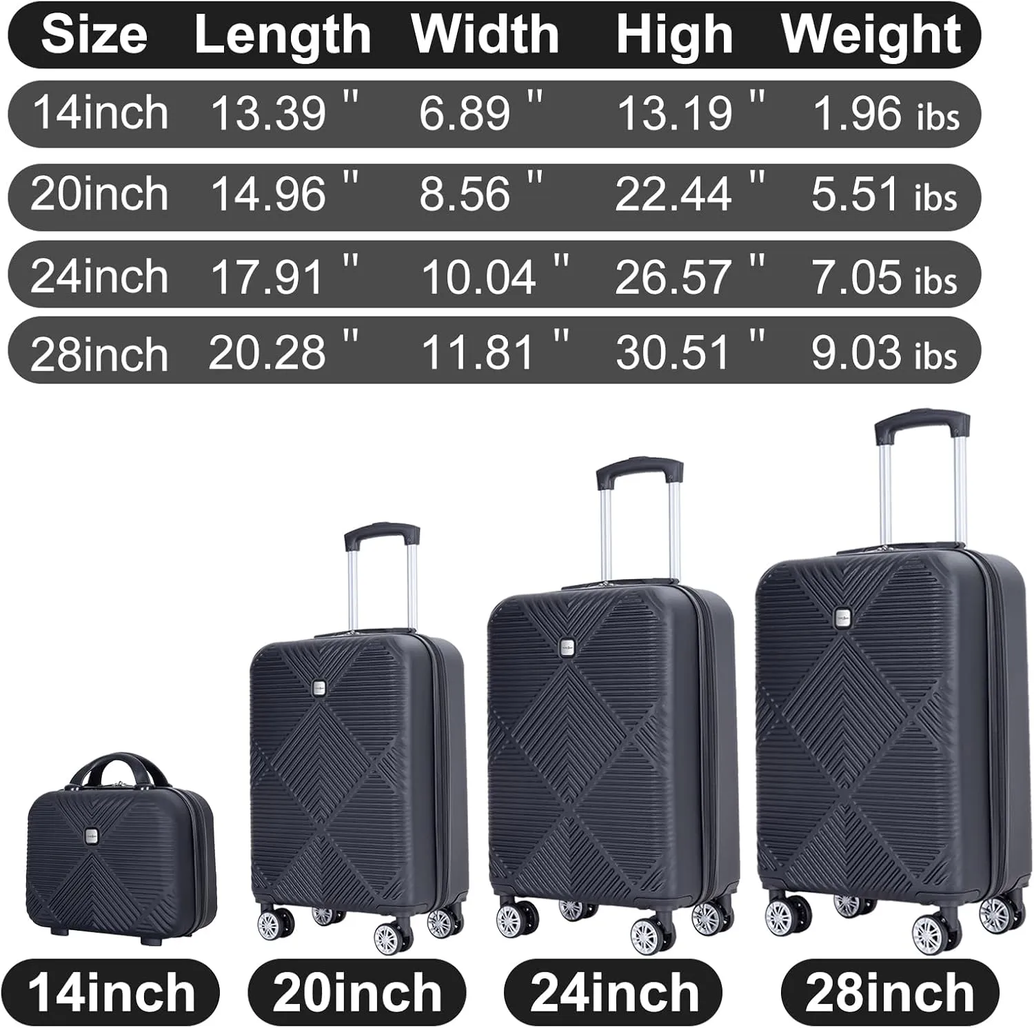 Luggage 4 Piece Set, Hardshell ABS Suitcase Set with Double Spinner Wheels, Lightweight Durable Large Luggage set, Carry On and Checked Travel Luggage, Black