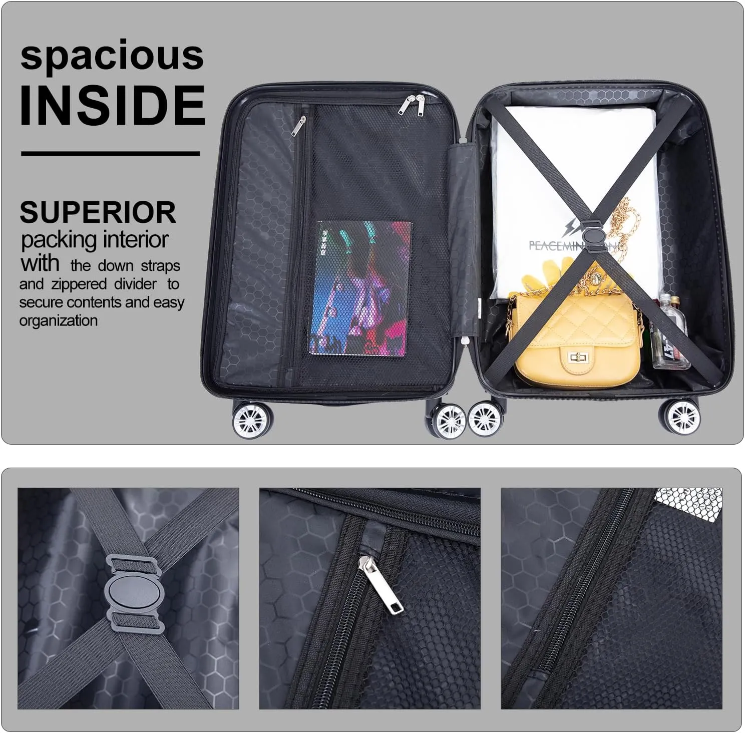 Luggage 4 Piece Set, Hardshell ABS Suitcase Set with Double Spinner Wheels, Lightweight Durable Large Luggage set, Carry On and Checked Travel Luggage, Black