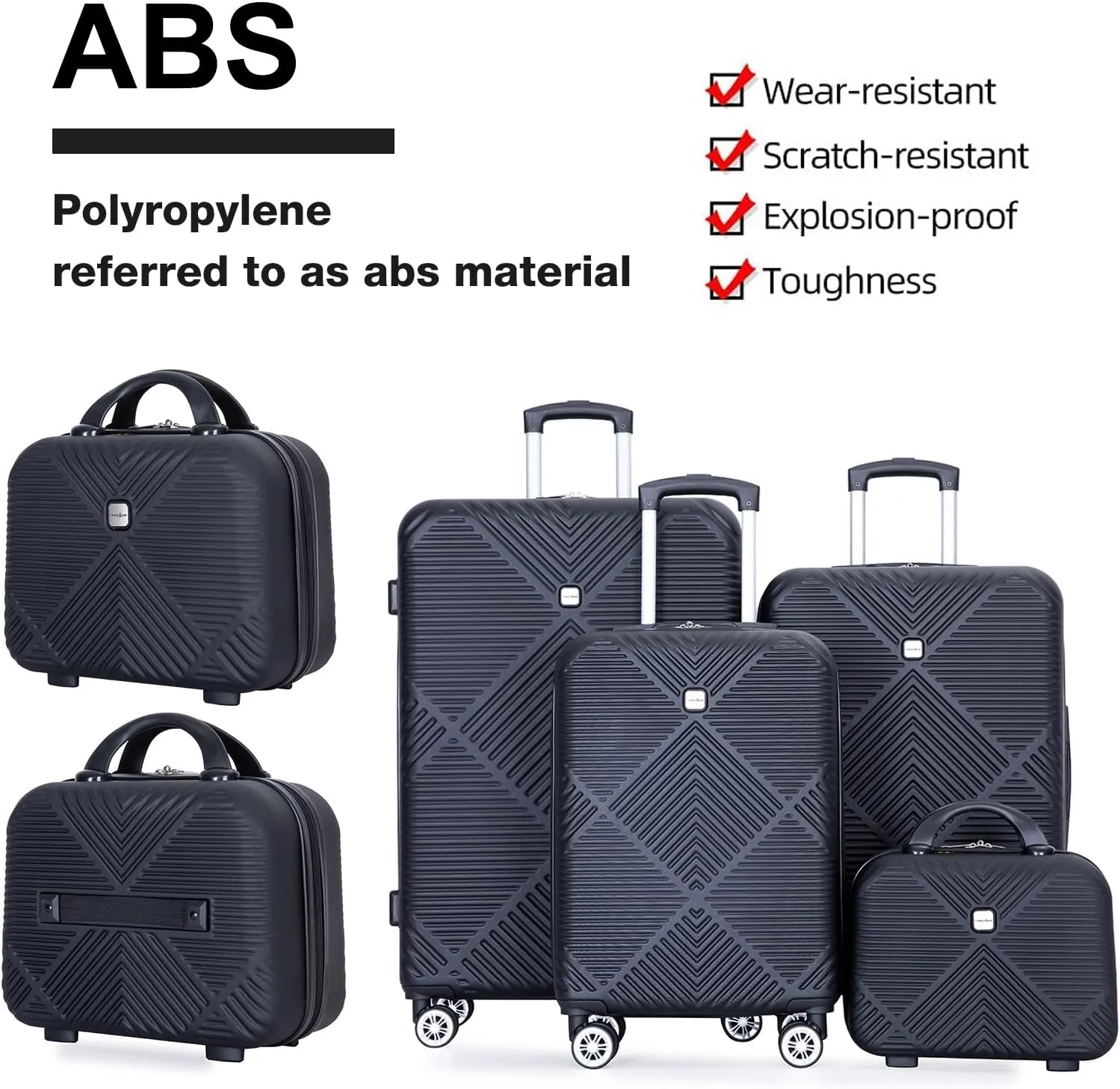 Luggage 4 Piece Set, Hardshell ABS Suitcase Set with Double Spinner Wheels, Lightweight Durable Large Luggage set, Carry On and Checked Travel Luggage, Black