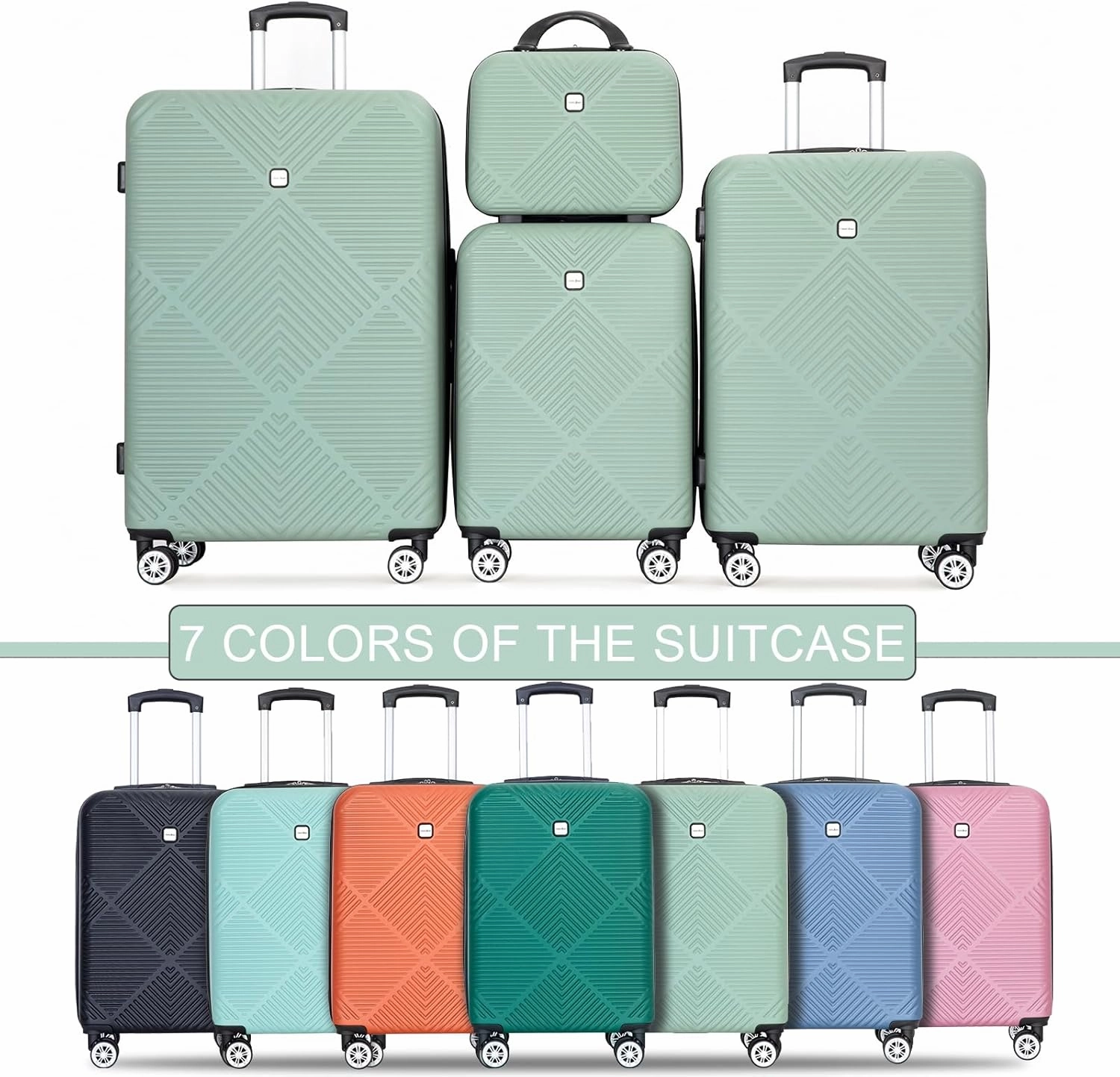 Luggage 4 Piece Set, Hardshell ABS Suitcase Set with Double Spinner Wheels, Lightweight Suitcase, Carry On and Checked Travel Luggage, Olive Green