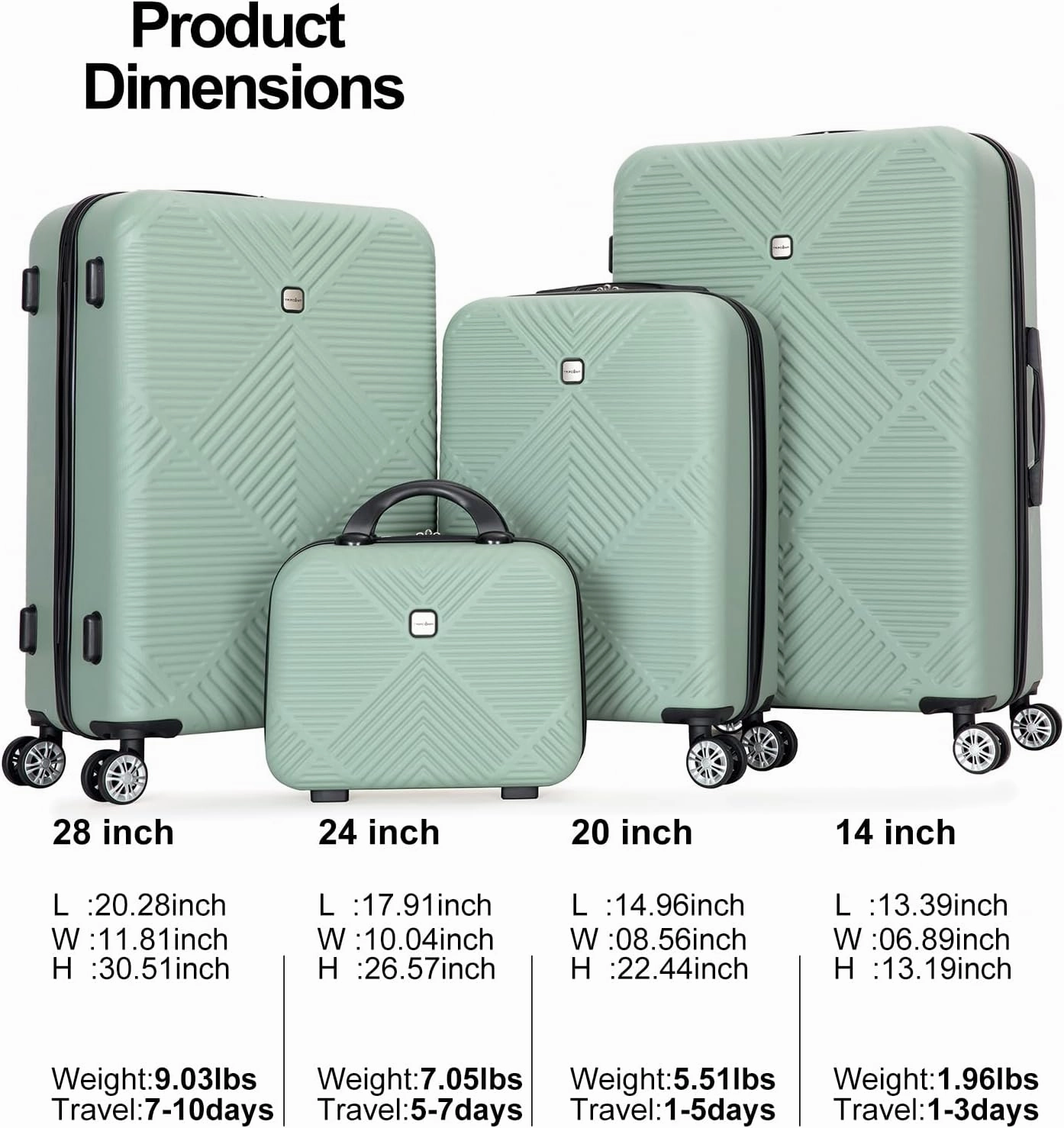 Luggage 4 Piece Set, Hardshell ABS Suitcase Set with Double Spinner Wheels, Lightweight Suitcase, Carry On and Checked Travel Luggage, Olive Green