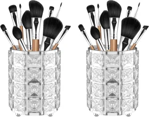 LUGUNU Makeup Brush Holder with Silver Crystal Bling – Elegant Vanity Organizer for Brushes, Pens & Pencils, Ideal for Bathroom or Office Countertop(2Pack)
