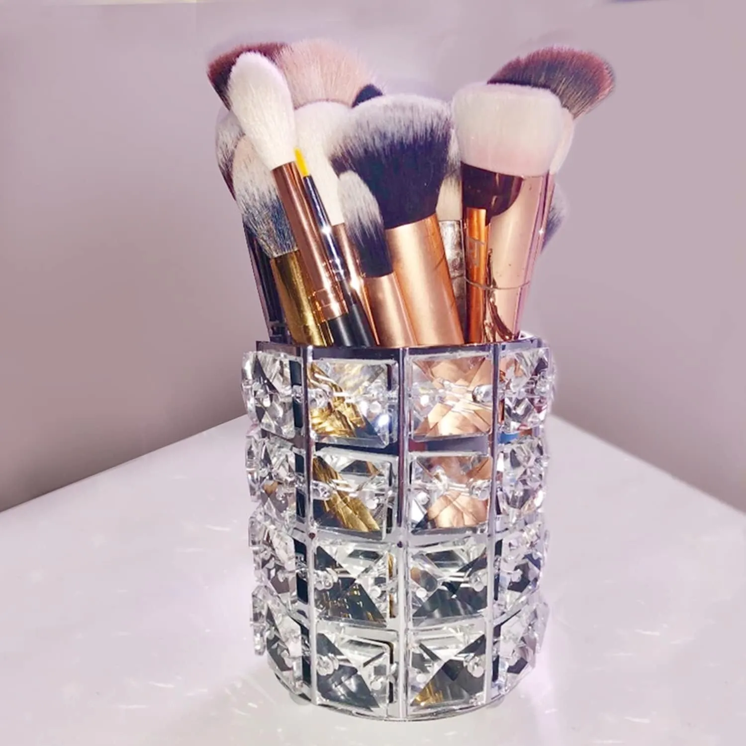 LUGUNU Makeup Brush Holder with Silver Crystal Bling – Elegant Vanity Organizer for Brushes, Pens & Pencils, Ideal for Bathroom or Office Countertop(2Pack)