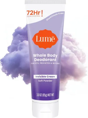 Lume Whole Body Deodorant - Invisible Cream Tube - 72 Hour Odor Control - Aluminum Free, Baking Soda Free, Skin Safe - 3.0 ounce (Soft Powder)