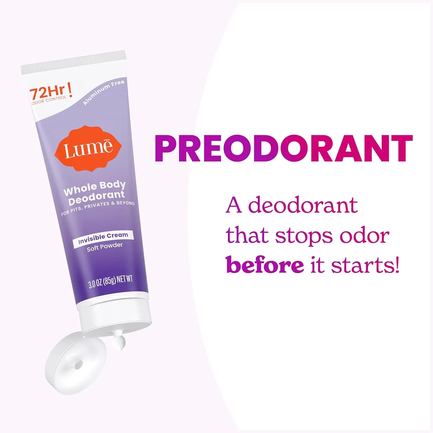 Lume Whole Body Deodorant - Invisible Cream Tube - 72 Hour Odor Control - Aluminum Free, Baking Soda Free, Skin Safe - 3.0 ounce (Soft Powder)