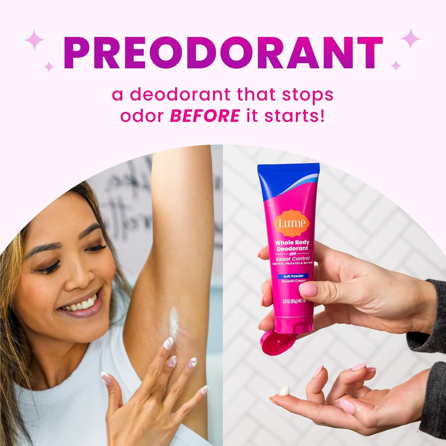 Lume Whole Body Deodorant Plus Sweat Control - Smooth Cream Tube - 72 Hour Odor And Sweat Control - Baking Soda Free, Skin Loving - 3.0 ounce (Pack of 2) (Soft Powder)
