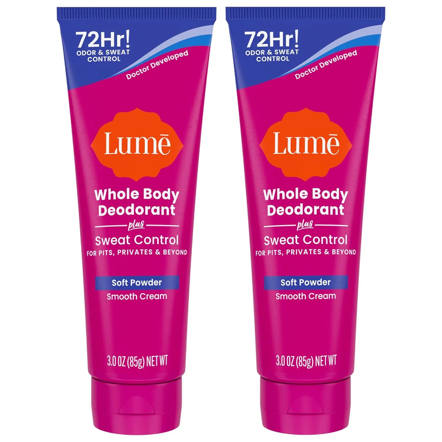 Lume Whole Body Deodorant Plus Sweat Control - Smooth Cream Tube - 72 Hour Odor And Sweat Control - Baking Soda Free, Skin Loving - 3.0 ounce (Pack of 2) (Soft Powder)