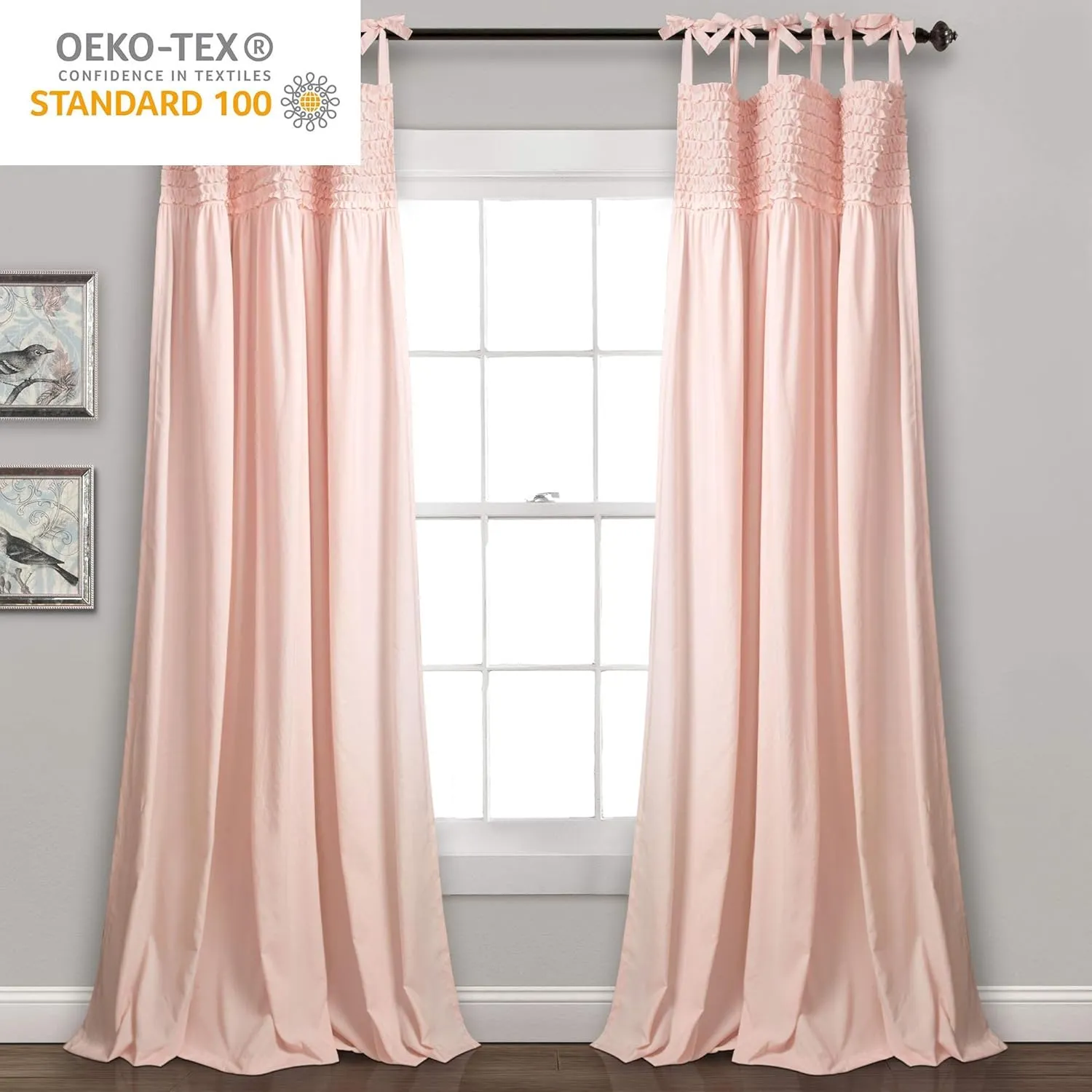 Lush Decor Lydia Curtains Ruffle Window Panel Set for Living, Dining, Bedroom (Pair), 84” x 40”, Blush