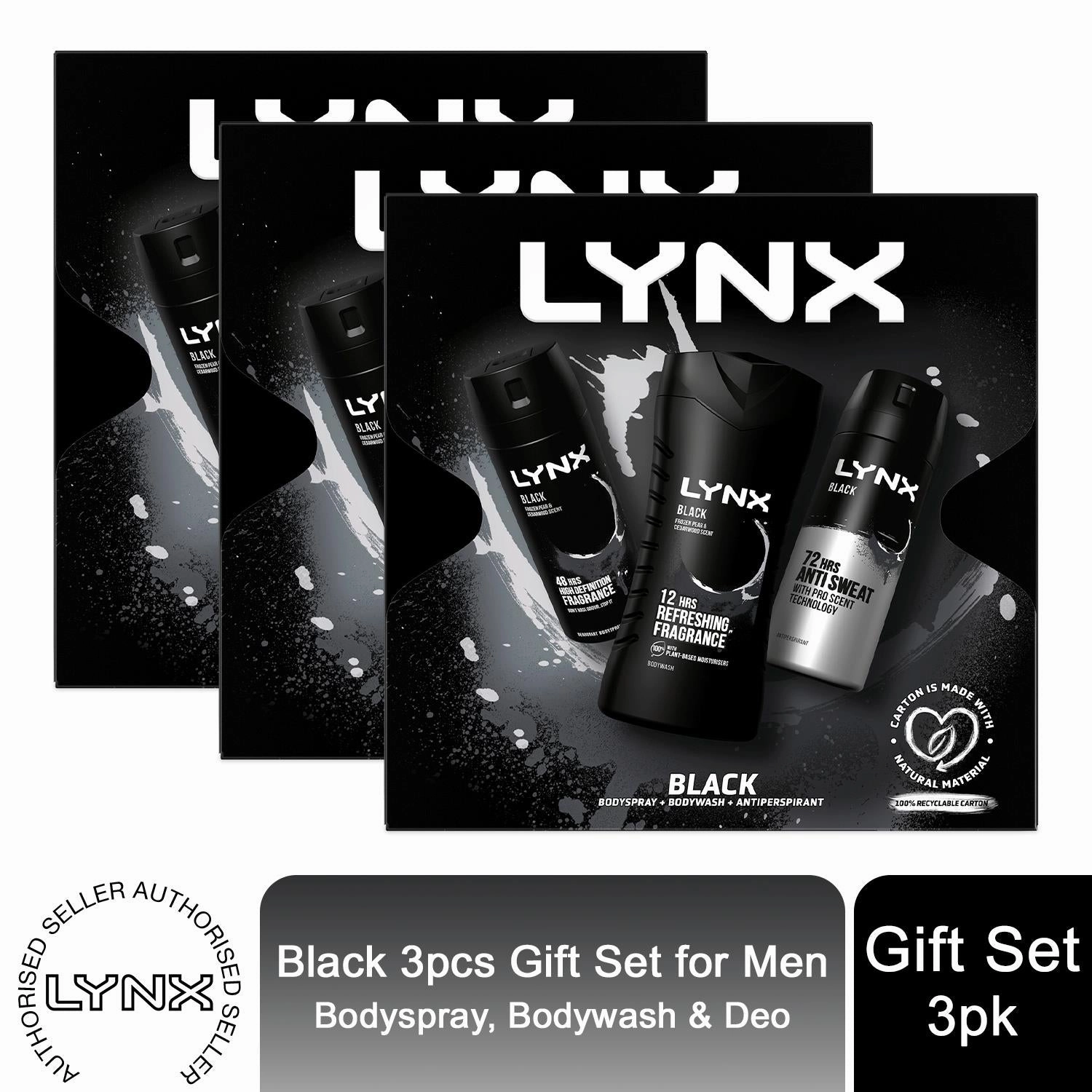 Lynx Black Trio Gift Set For Men Bodyspray, Bodywash & APA Deo Gift For Him