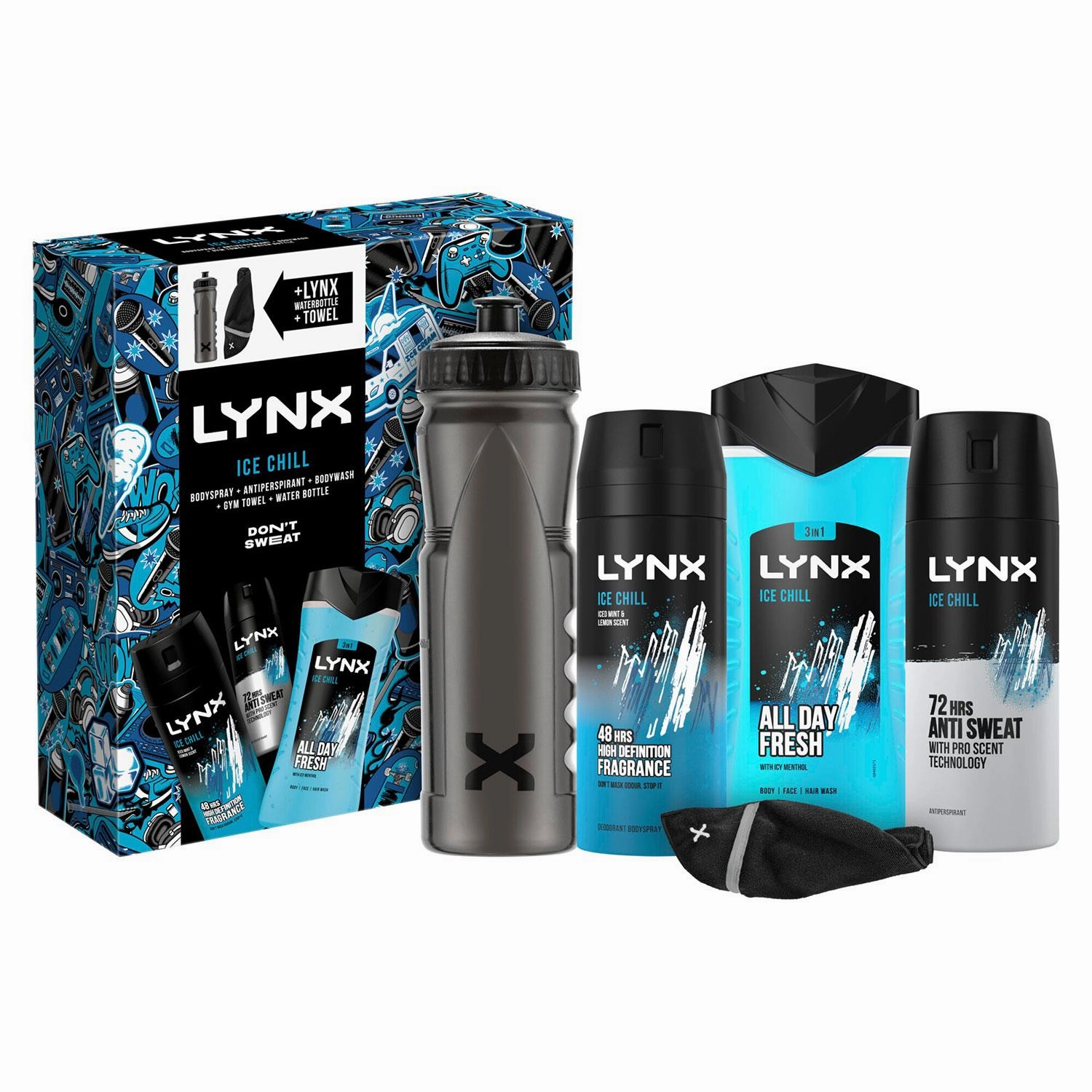 Lynx DON'T SWEAT Ice Chill Collection Gift Set for Him with Gym Towel & Bottle