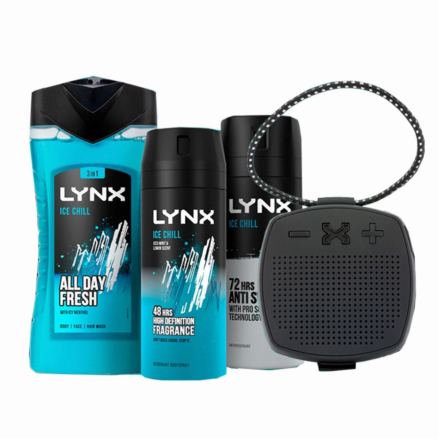 Lynx Ice Chill Bodyspray, APA & Bodywash Trio Gift Set with Shower Speaker