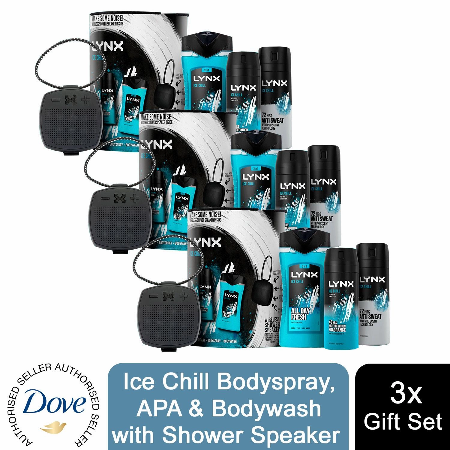 Lynx Ice Chill Bodyspray, APA & Bodywash Trio Gift Set with Shower Speaker