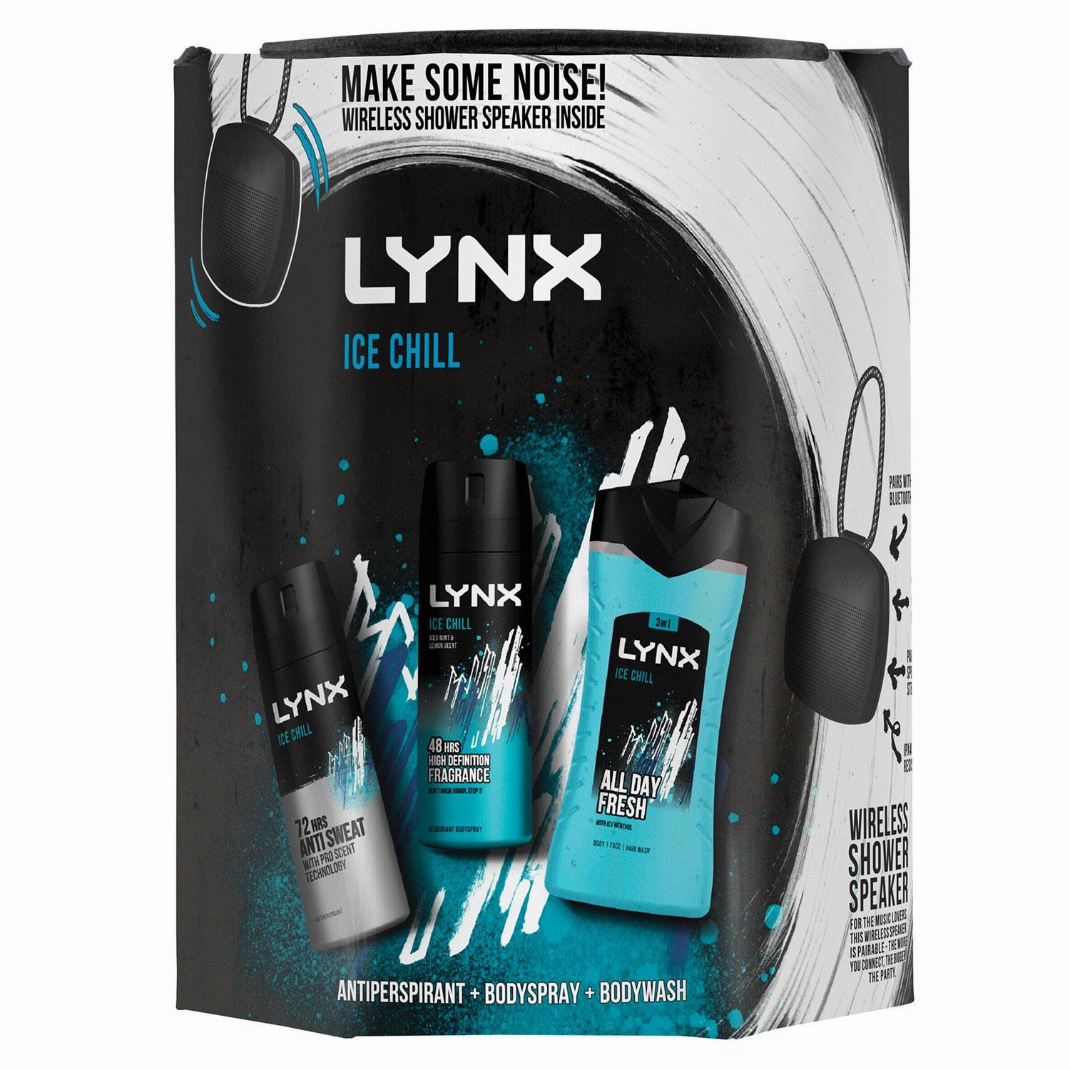Lynx Ice Chill Bodyspray, APA & Bodywash Trio Gift Set with Shower Speaker