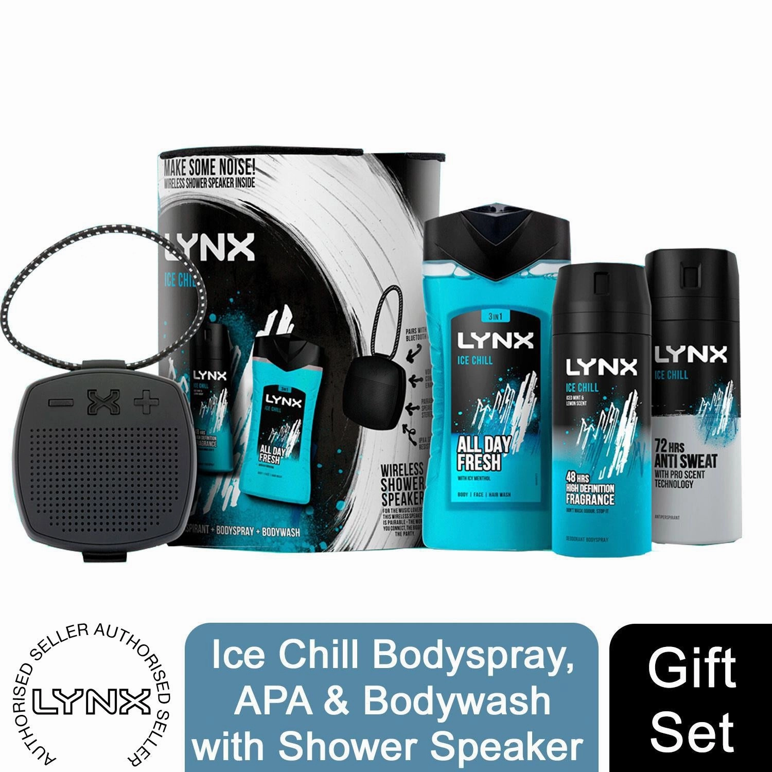 Lynx Ice Chill Bodyspray, APA & Bodywash Trio Gift Set with Shower Speaker
