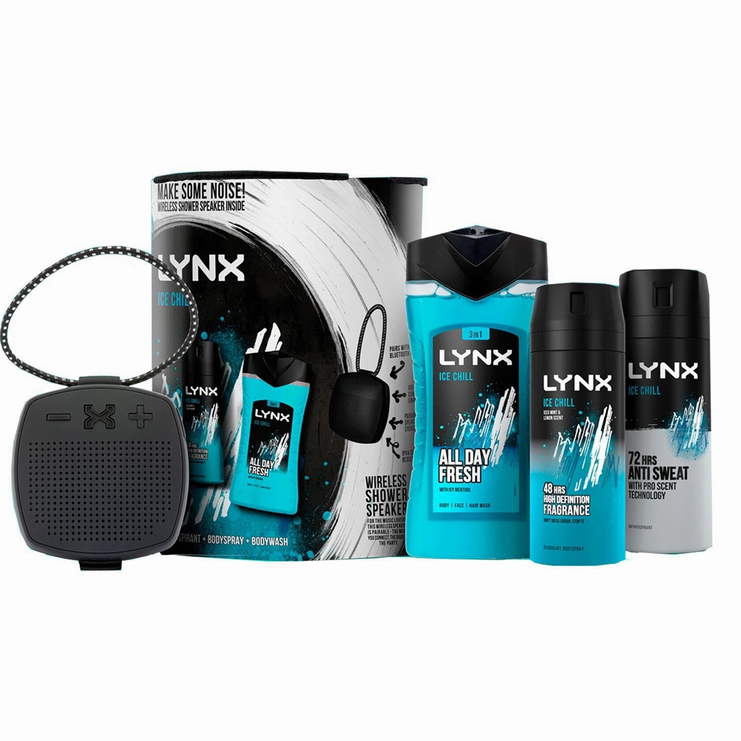 Lynx Ice Chill Bodyspray, APA & Bodywash Trio Gift Set with Shower Speaker