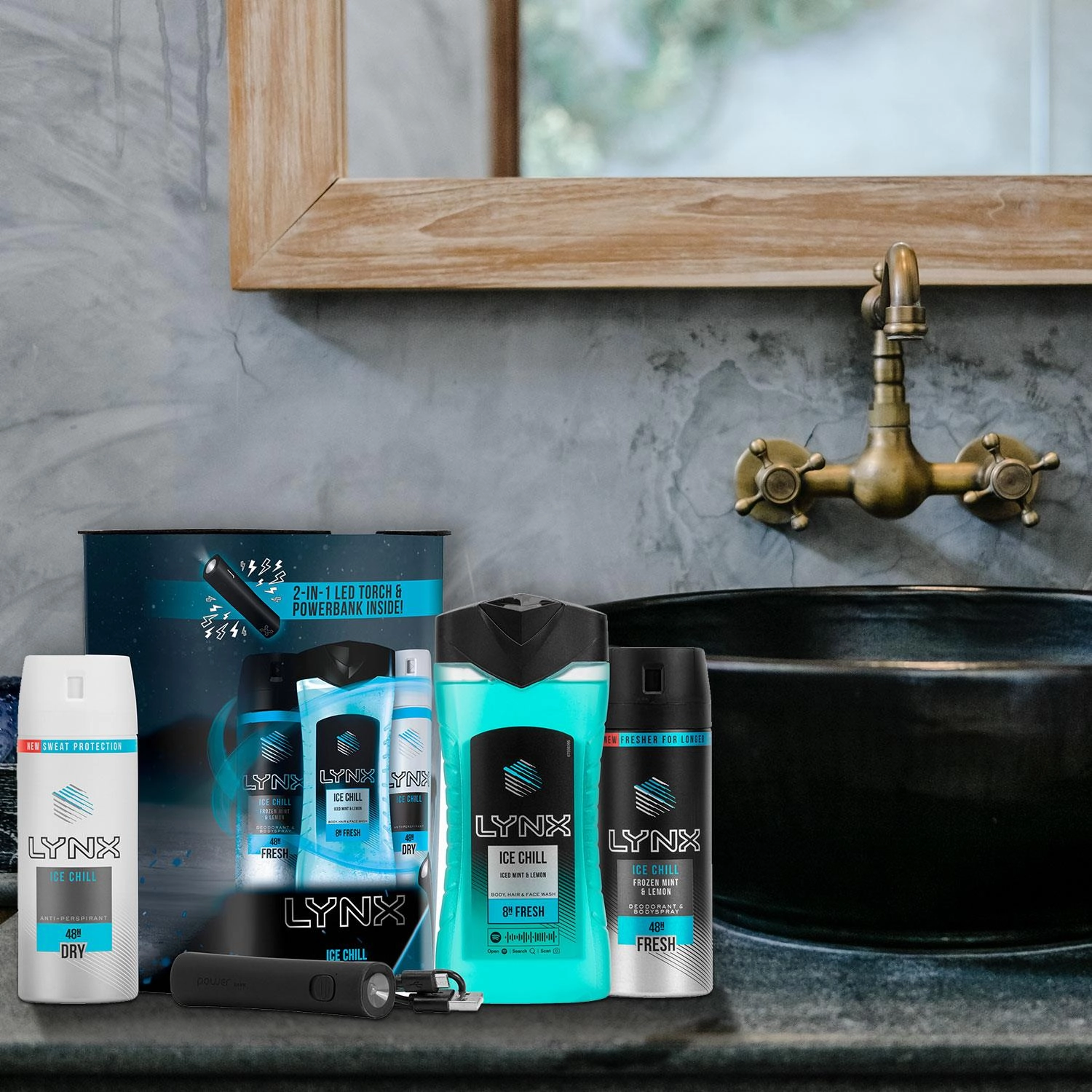 Lynx Ice Gift Set, Present For Brothers, Boys & Teens, With USB Powerbank Torch