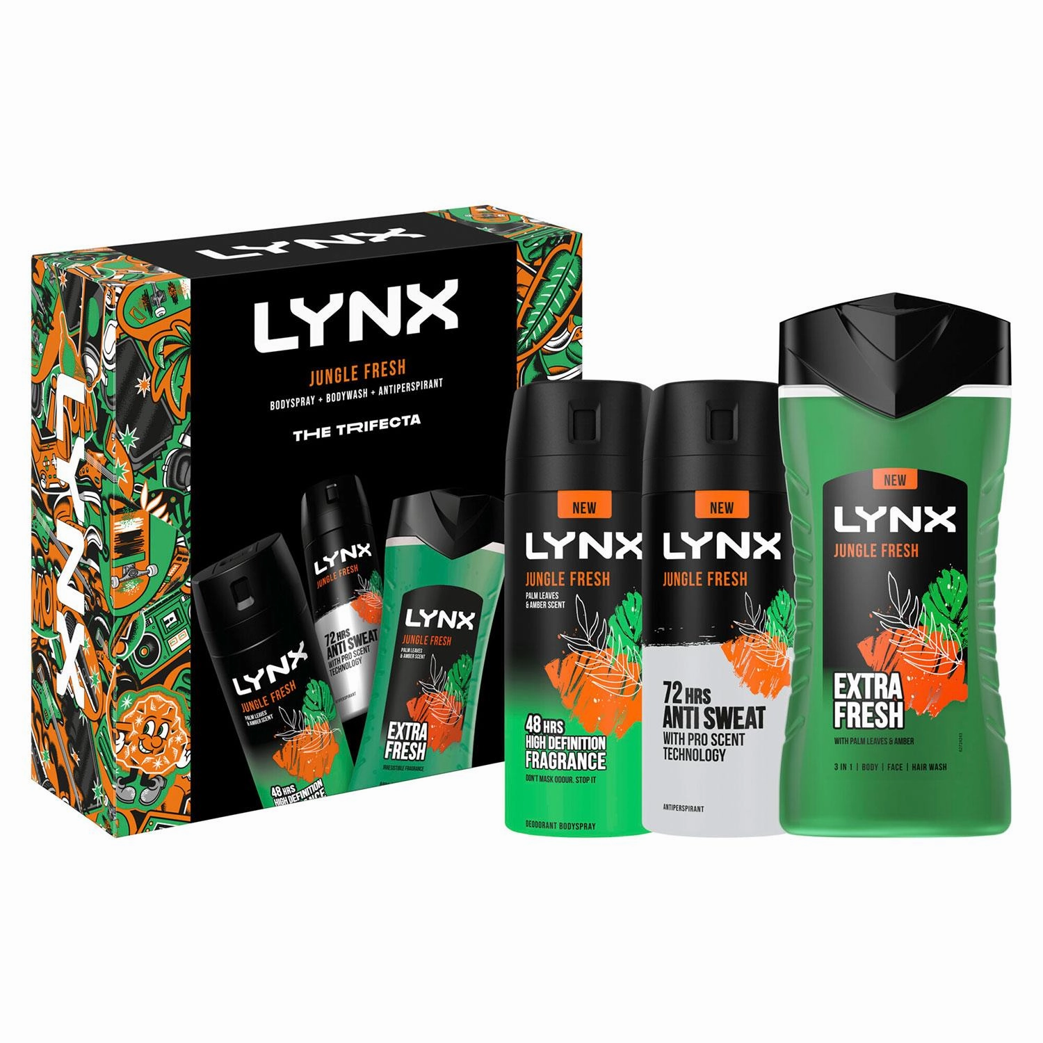 Lynx Jungle Fresh THE TRIFECTA BodyWash, Spray & Antiperspirant Gift Set for Him