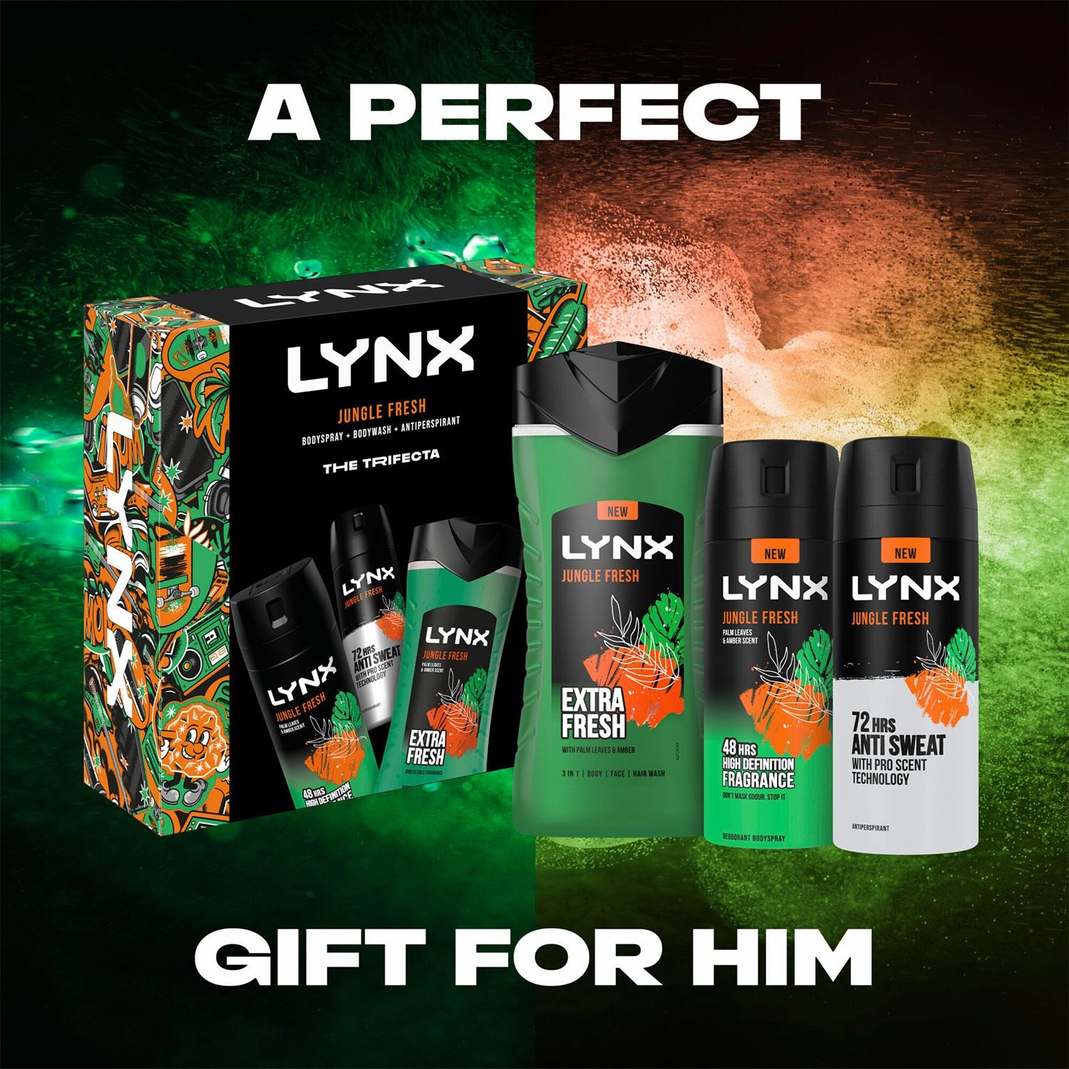 Lynx Jungle Fresh THE TRIFECTA BodyWash, Spray & Antiperspirant Gift Set for Him